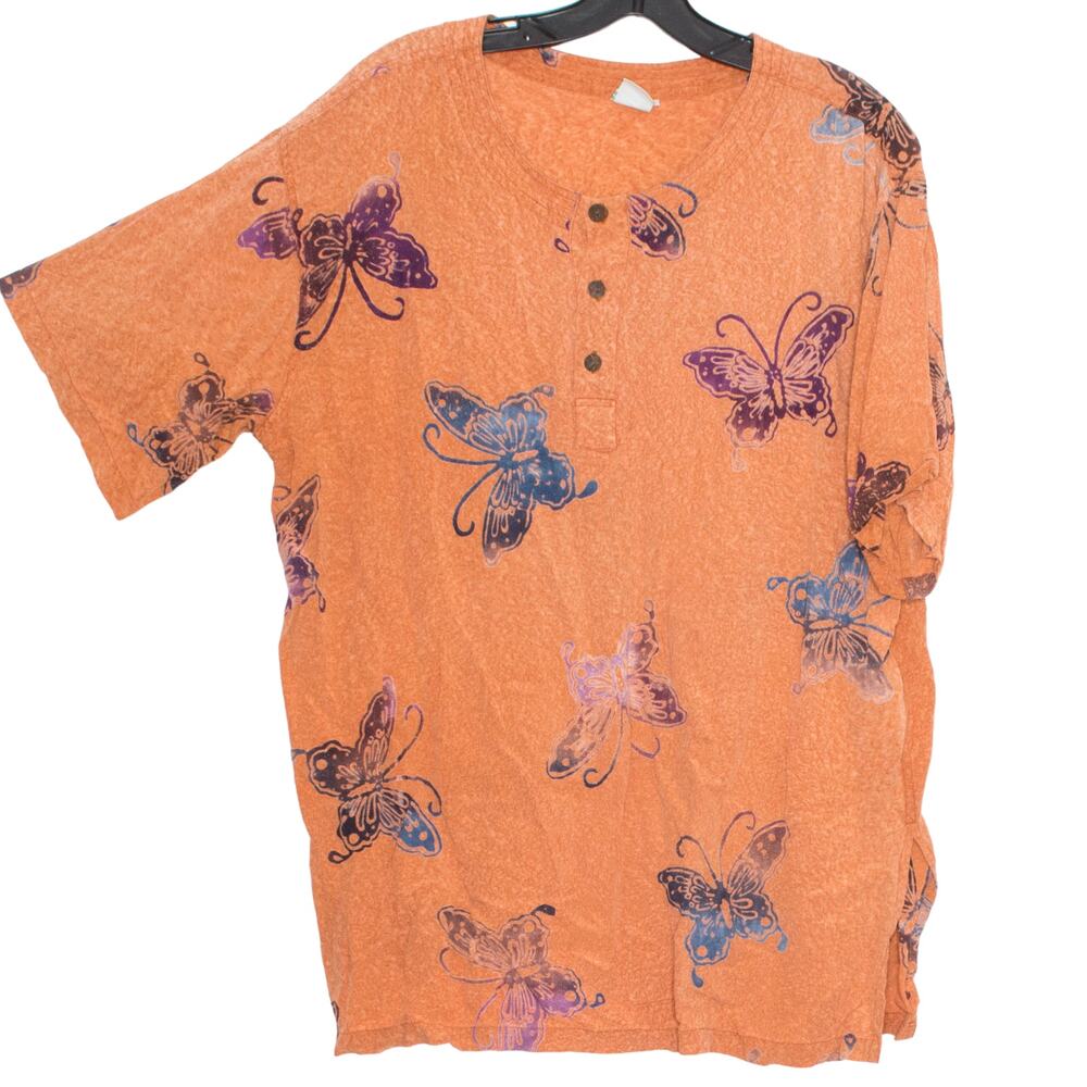 Peaceful People Womens Top Butterfly Y2K Short Sleeve Orange Size Medium EC